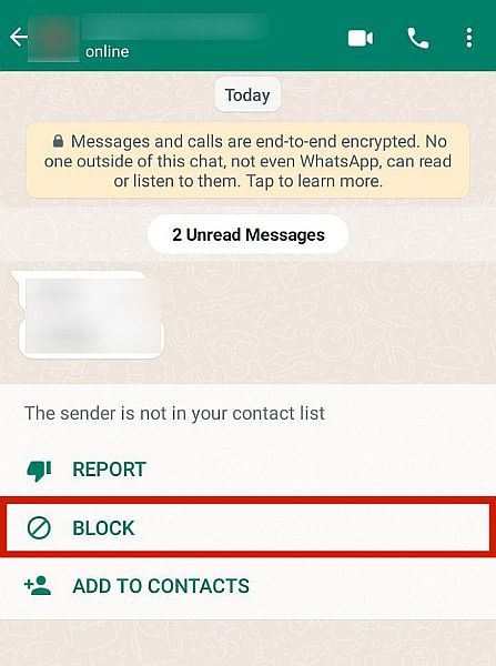 Fenêtre de discussion principale de Whatsapp avec l'option de bloquer les contacts inconnus en surbrillance