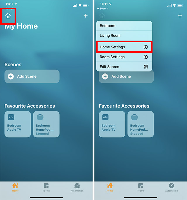 paramètres d'accueil dans l'application d'accueil iPhone