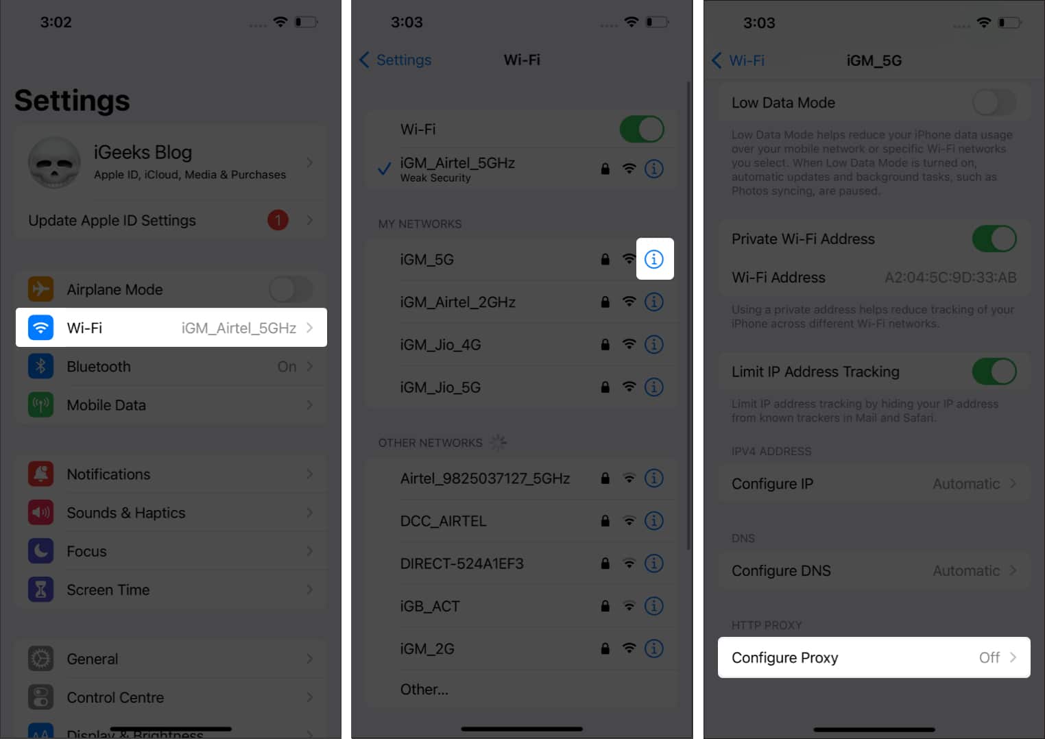 Appuyez sur Configurer le proxy à partir des paramètres WiFi sur iPhone