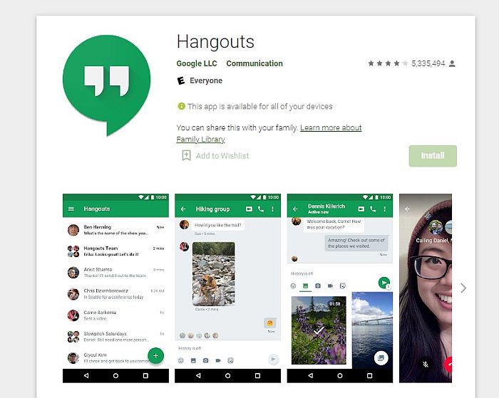 Page de détails Google Hangouts dans Google Play sur ordinateur