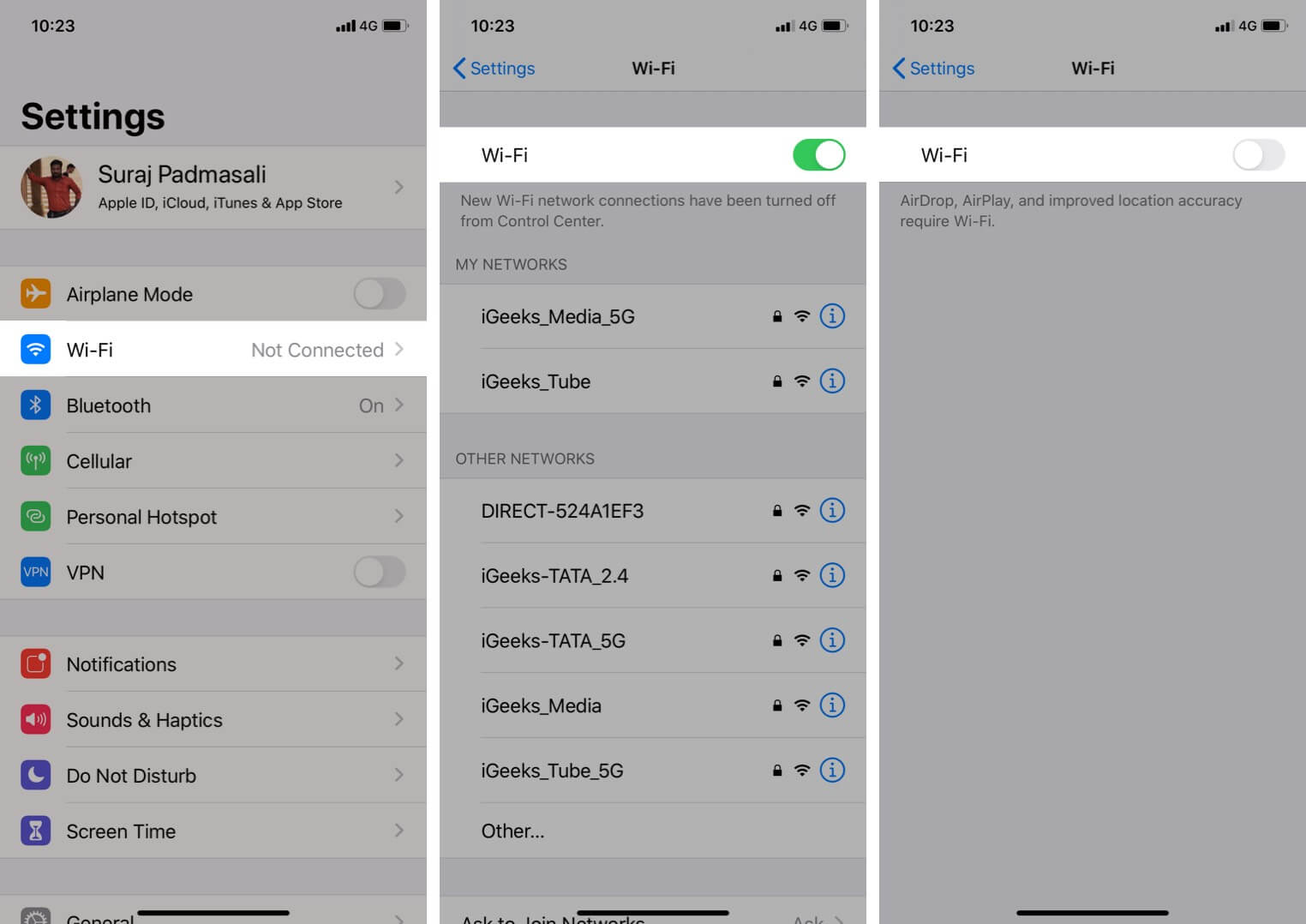 Réglage de l'application puis appuyez sur l'icône Wi-Fi pour allumer et éteindre sur l'iPhone