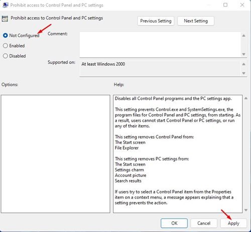 sélectionnez 'Non configuré' à l'étape 4