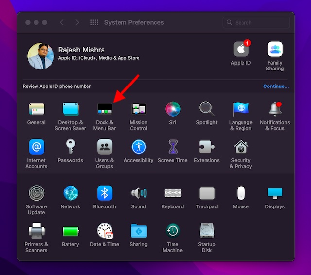Cliquez sur la préférence Dock et barre de menus sur macOS