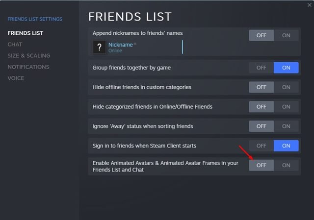 désactivez 'Activer les avatars animés et les cadres d'avatar animés dans votre liste d'amis et votre chat'