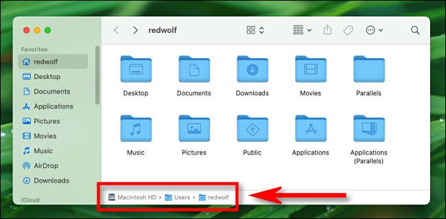 Dans le Finder, utilisez la barre de chemin pour voir l'emplacement de votre chemin actuel.