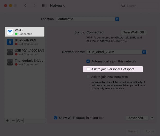 Déconnectez Mac du point d'accès personnel de l'iPhone