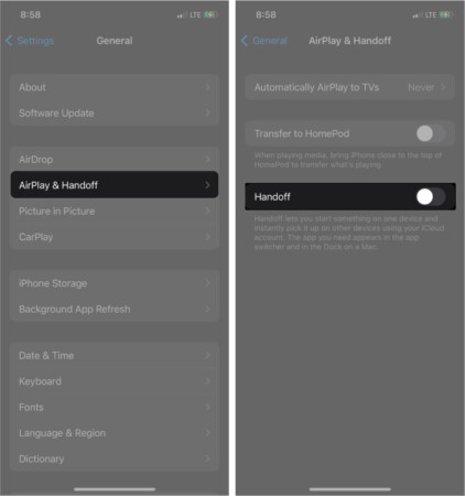 Désactiver Handoff sur iPhone
