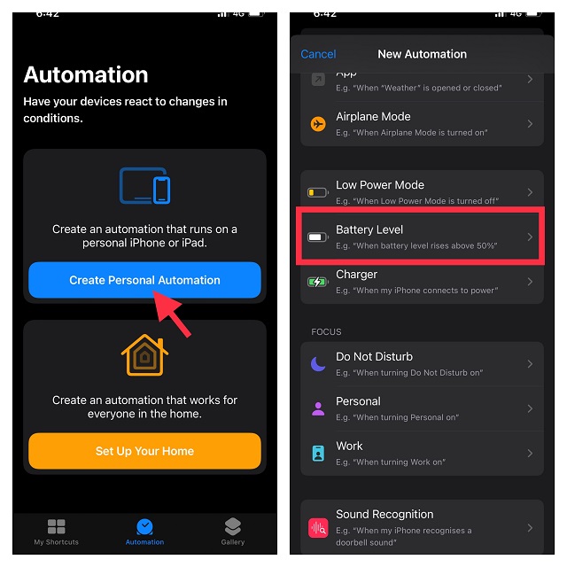 Appuyez sur créer une automatisation personnelle et appuyez sur le niveau de la batterie