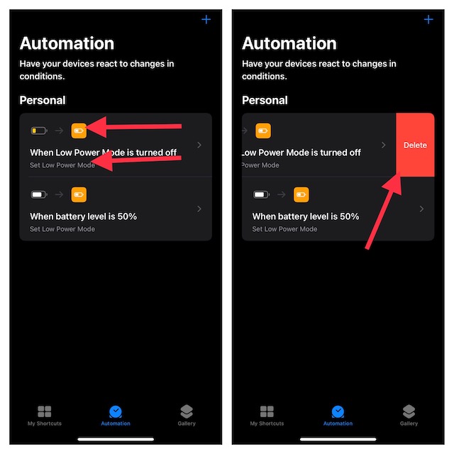 Supprimer l'automatisation dans l'application Raccourcis sur iOS