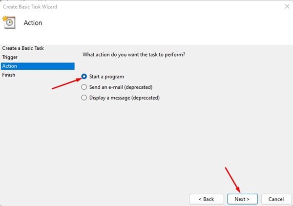 Sélectionnez l'option Démarrer un programme