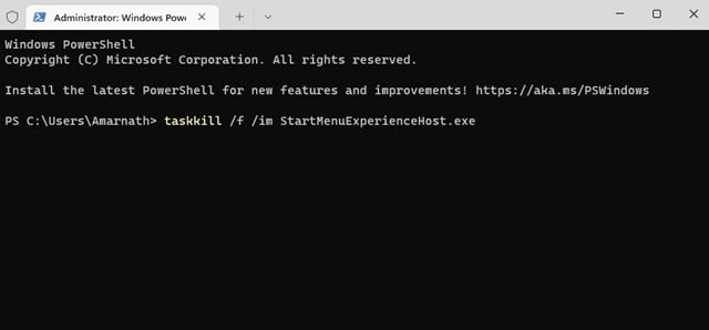 taskkill /f /im StartMenuExperienceHost.exe