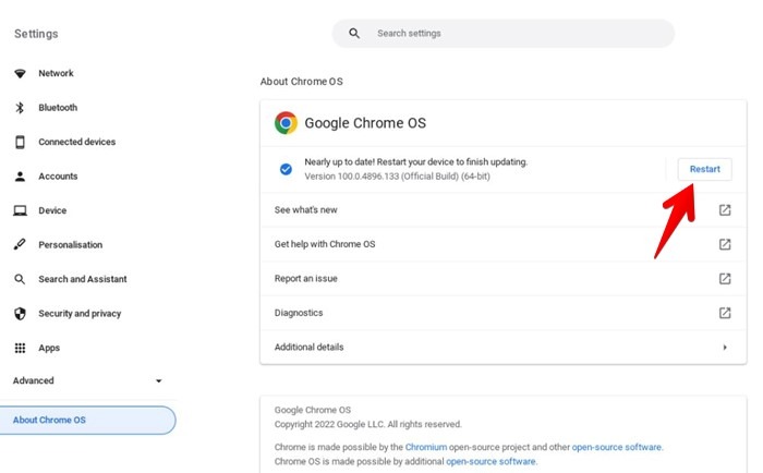 Redémarrer la mise à jour du Chromebook