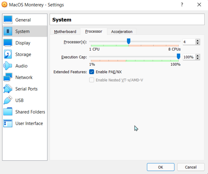 Configuration du processeur Macos Virtualbox