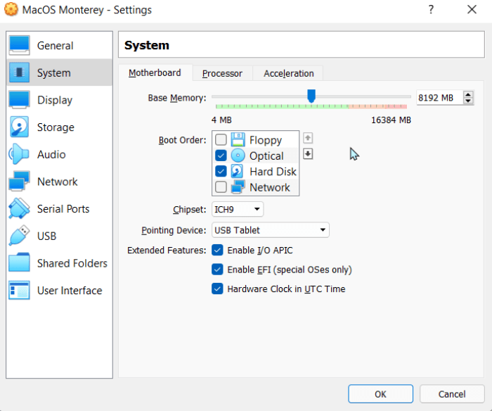 Configuration de la carte mère Macos Virtualbox