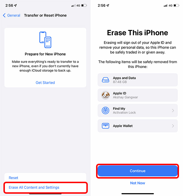 effacer l'iphone pour réparer les raccourcis siri qui ne fonctionnent pas