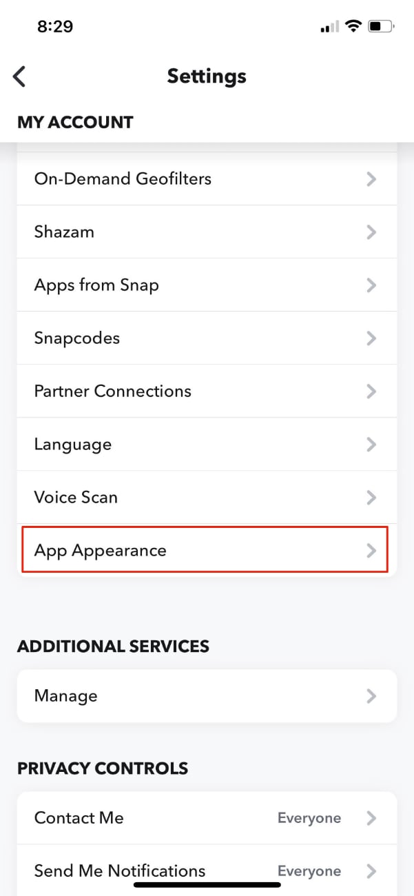 Appuyez sur l'option Apparence de l'application