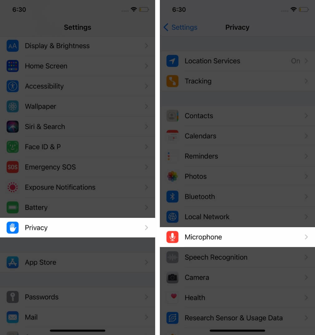 Appuyez sur Confidentialité dans l'application Paramètres, puis appuyez sur Microphone