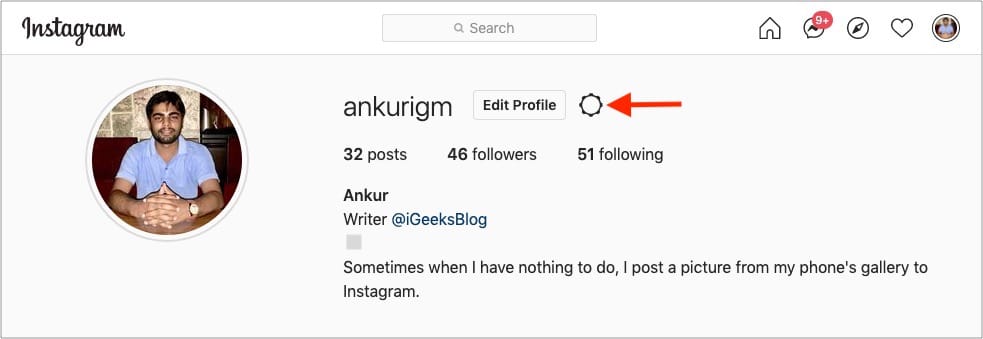 Cliquez sur l'icône d'engrenage à côté de Modifier le profil sur le Web Instagram