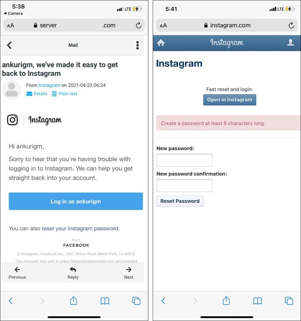 Ouvrez votre e-mail et appuyez sur se connecter à Instagram ou réinitialisez votre mot de passe Instagram