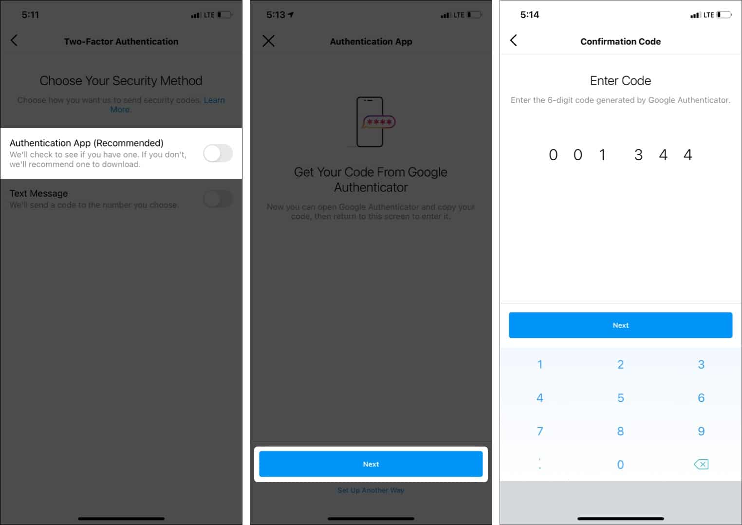 Choisissez l'application d'authentification et passez à l'activation de l'authentification à deux facteurs Instagram