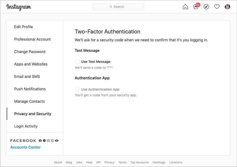 Définir l'authentification à deux facteurs d'Instagram via un ordinateur