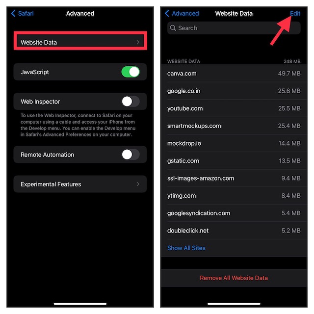 supprimer les données de sites Web individuels et les cookies de Safari sur iPhone