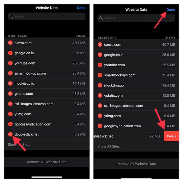 supprimer les cookies de sites Web spécifiques de Safari pour se débarrasser des avertissements de virus iphone