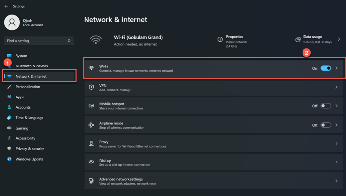 Sélectionnez Wifi dans les paramètres réseau