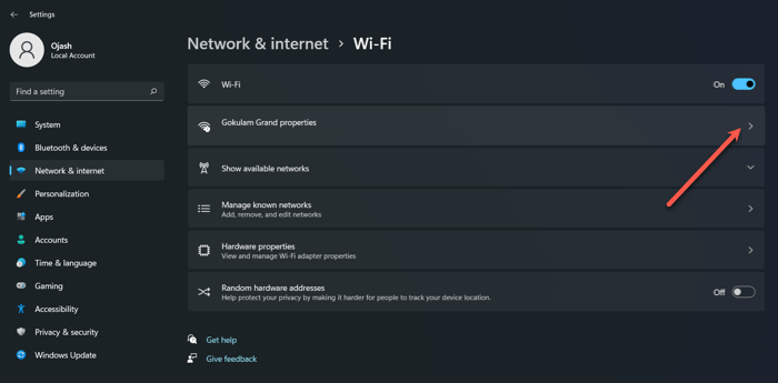 Ouvrir les propriétés Wi-Fi