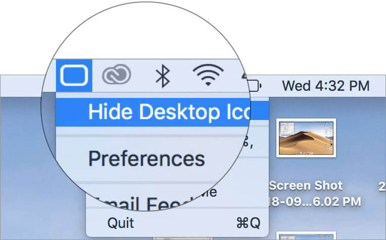 Sélectionnez Masquer les icônes du bureau dans l'application Mac HiddenMe