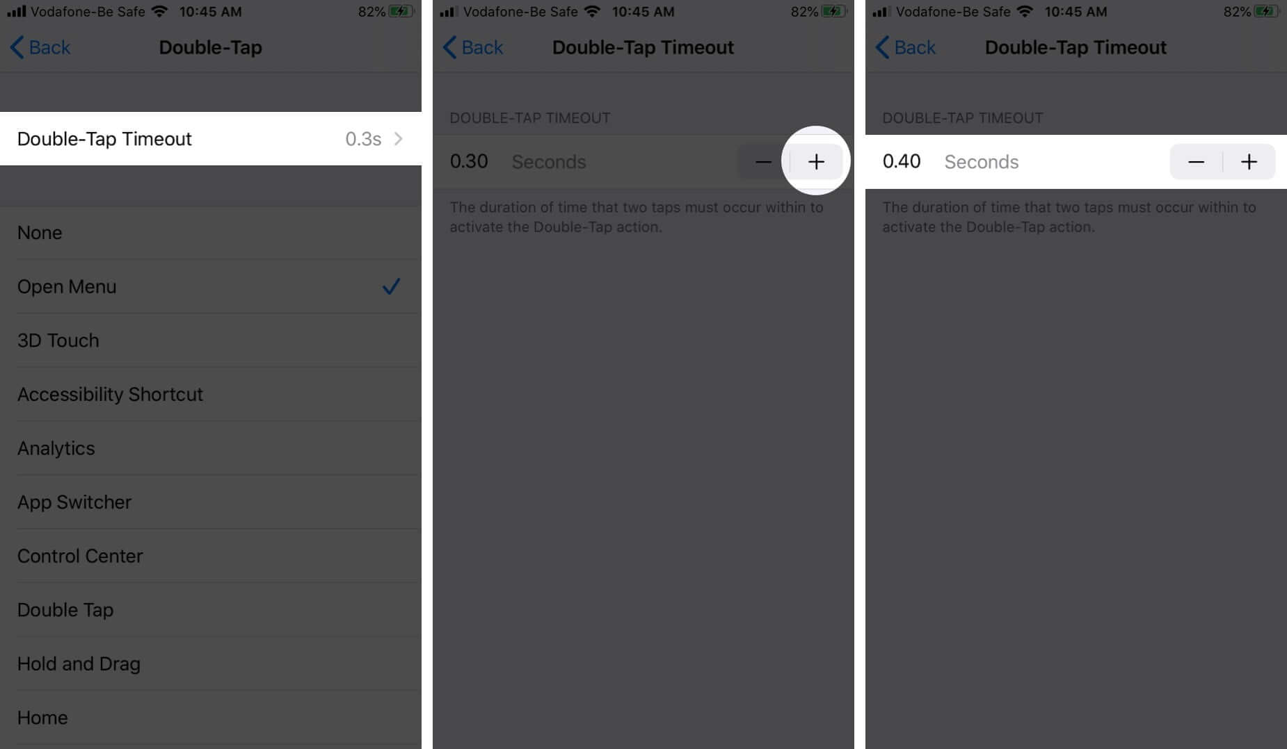 Modifier le délai d'expiration du double appui dans AssistiveTouch sur iPhone