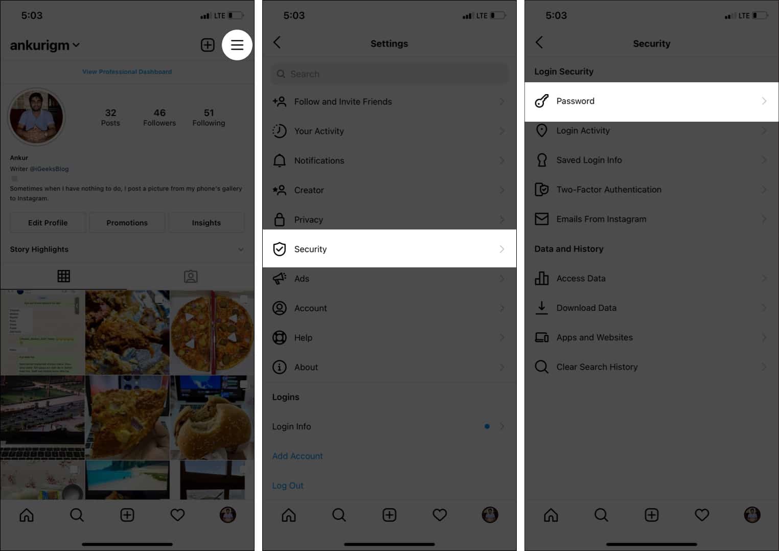 Changer le mot de passe Instagram à l'aide de l'application