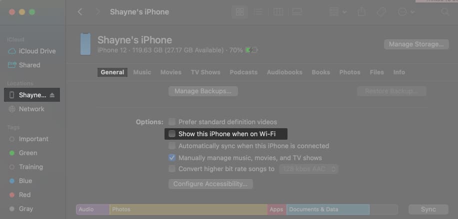 Déconnecter l'iPhone du Finder de Mac