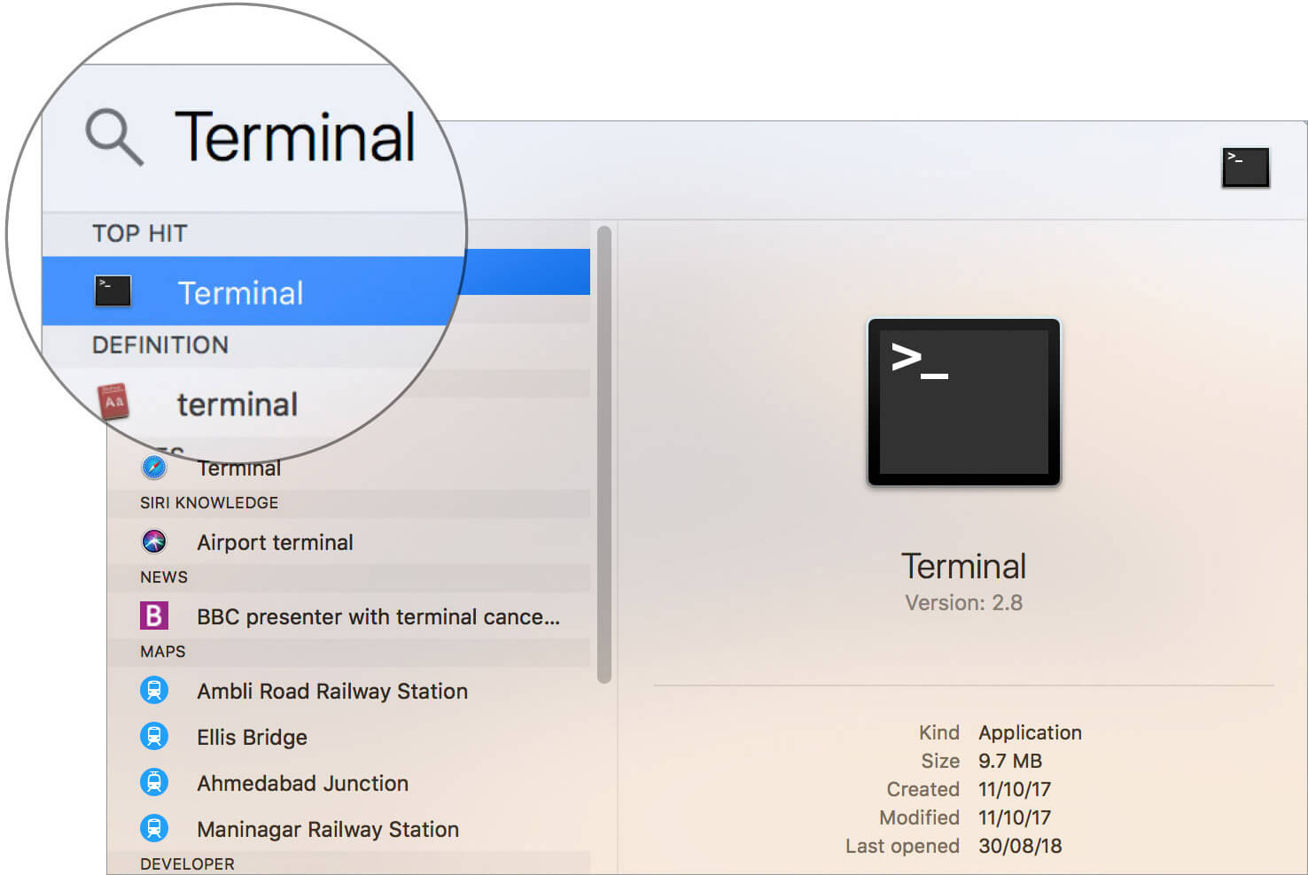 Lancer l'application Terminal sur Mac à l'aide de Spotlight