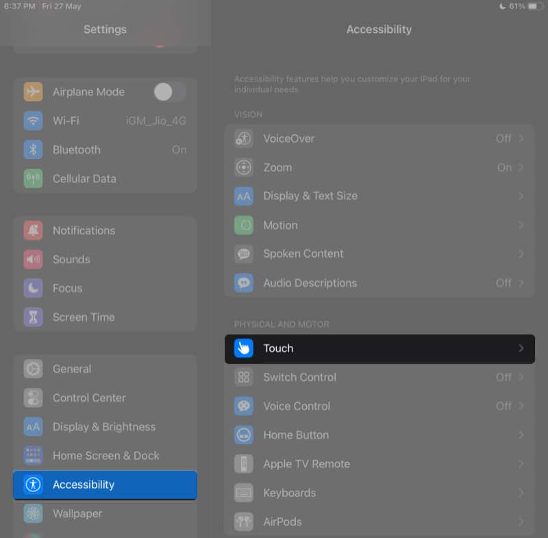 Appuyez sur Toucher depuis les paramètres de l'iPad