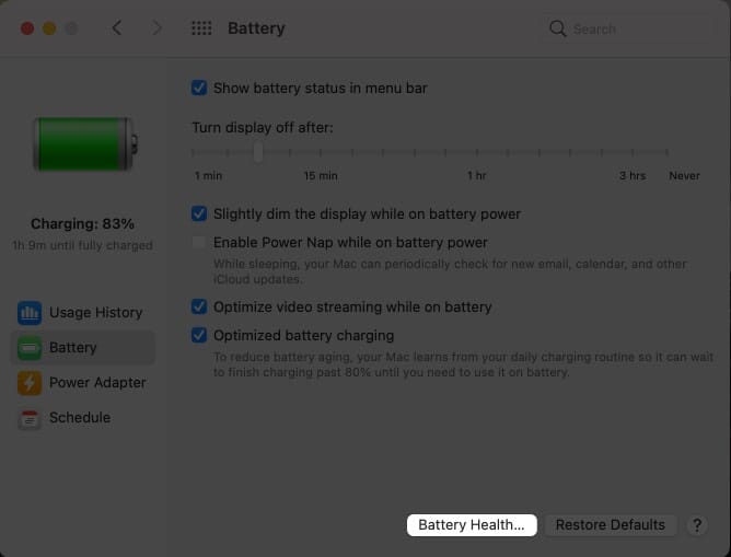 Sélectionnez Santé de la batterie en bas sur Mac