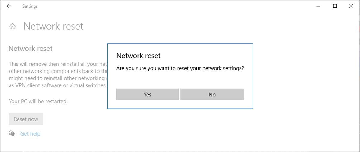 Réinitialisation du réseau dans Windows 10