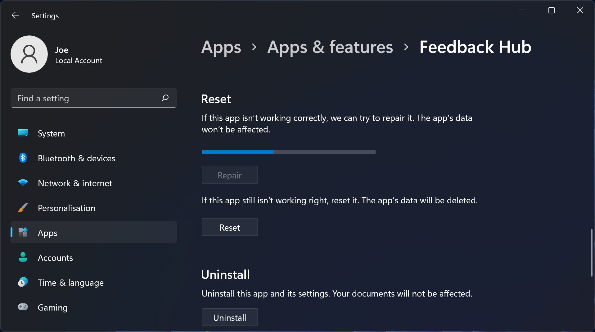 hub de commentaires réinitialiser l'application windows 11