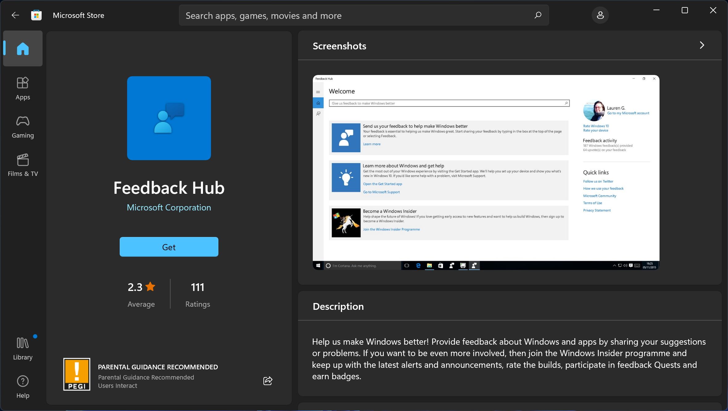 hub de commentaires sur Microsoft Store