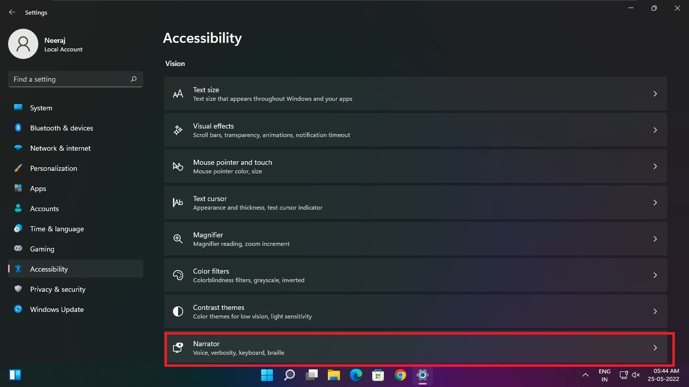 Sélectionnez Narrateur dans les paramètres d'accessibilité sous Windows 11