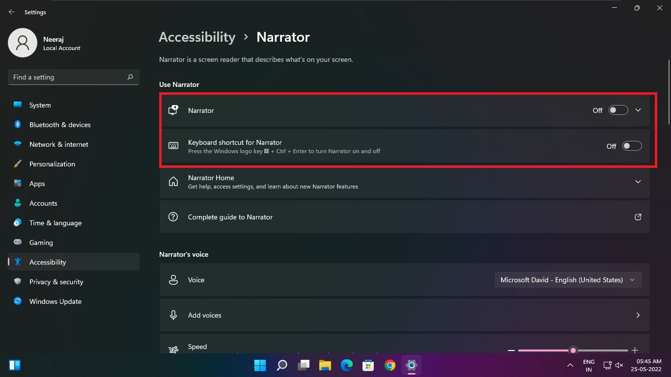 Paramètres du narrateur sous Windows 11 avec l'activation et le raccourci désactivés