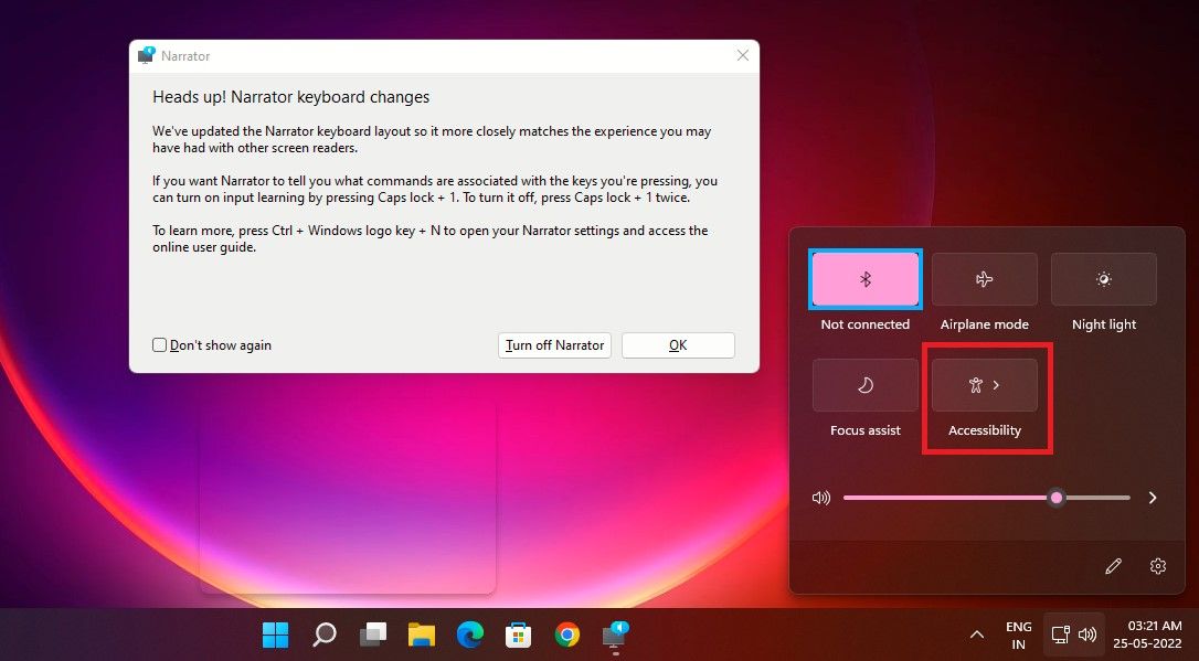 Narrateur et paramètres rapides sur PC Windows 11