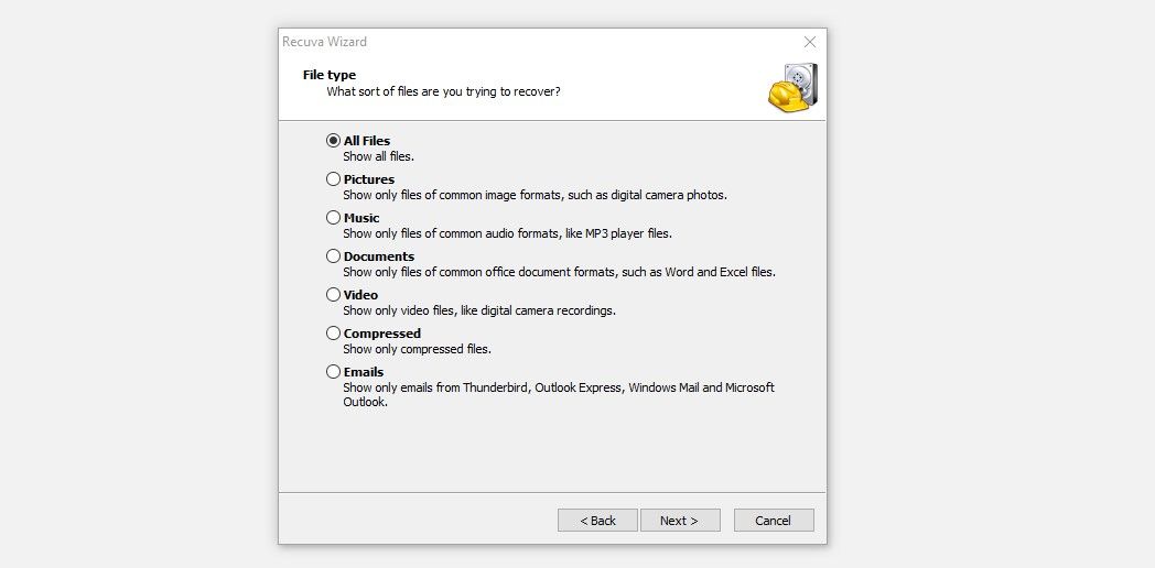 Sélection du type de fichier que nous avons l'intention de récupérer à l'aide du logiciel Recuva