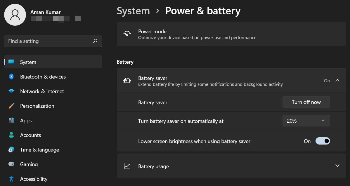 Mode économiseur de batterie de Windows 11