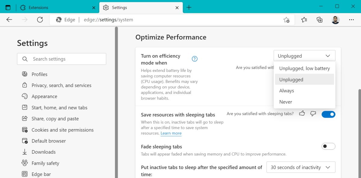 activer l'option de mode d'efficacité dans Edge