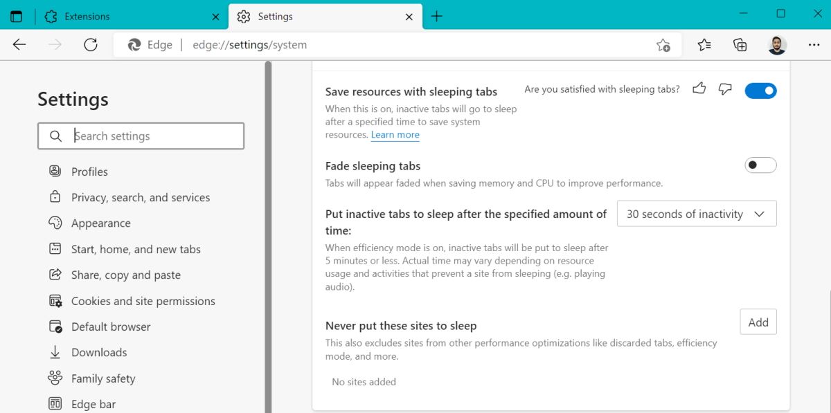 activer l'option des onglets de sommeil dans Edge