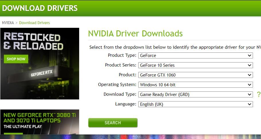 La page de téléchargement des pilotes NVIDIA