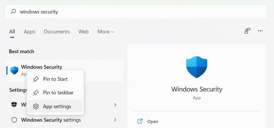 ouvrir les paramètres de l'application de sécurité Windows