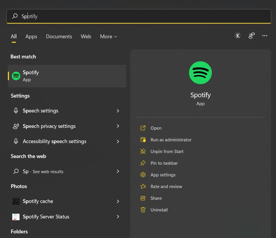 Option de désinstallation de Spotify