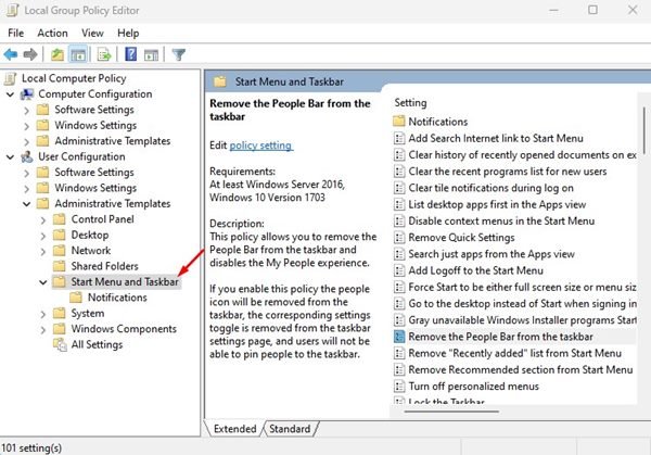 Configuration utilisateur > Modèles d'administration > Menu Démarrer et barre des tâches